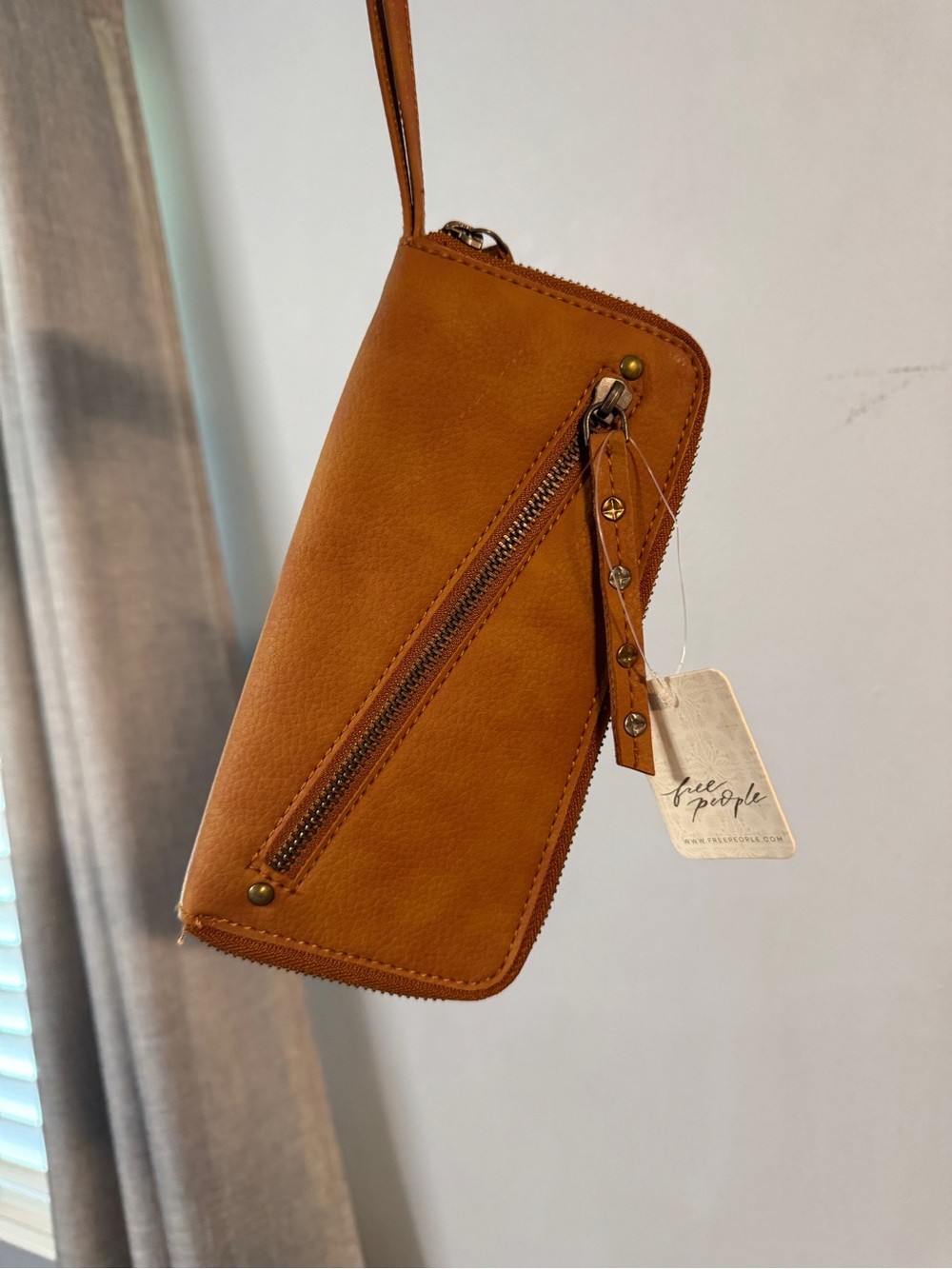Free People Cognac Vegan Leather Zip Wallet Wristlet